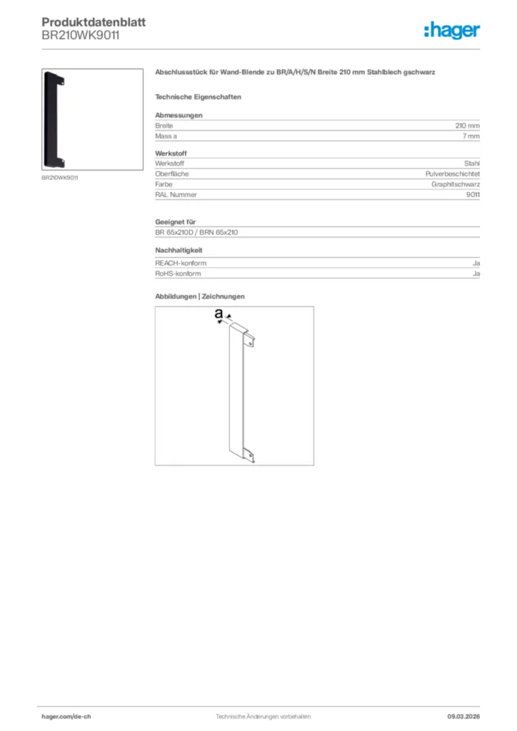 Bild Hager Produktdatenblatt BR210WK9011 | Hager Schweiz