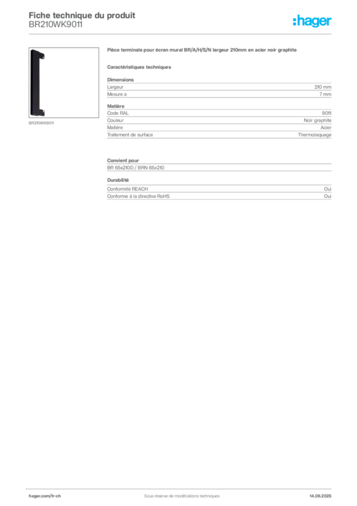 Image Hager Fiche technique du produit BR210WK9011 | Hager Suisse