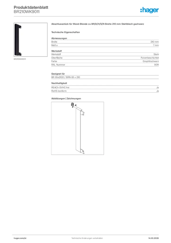 Bild Hager Produktdatenblatt BR210WK9011 | Hager Deutschland