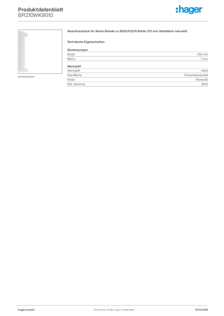Bild Hager Produktdatenblatt BR210WK9010 | Hager Deutschland