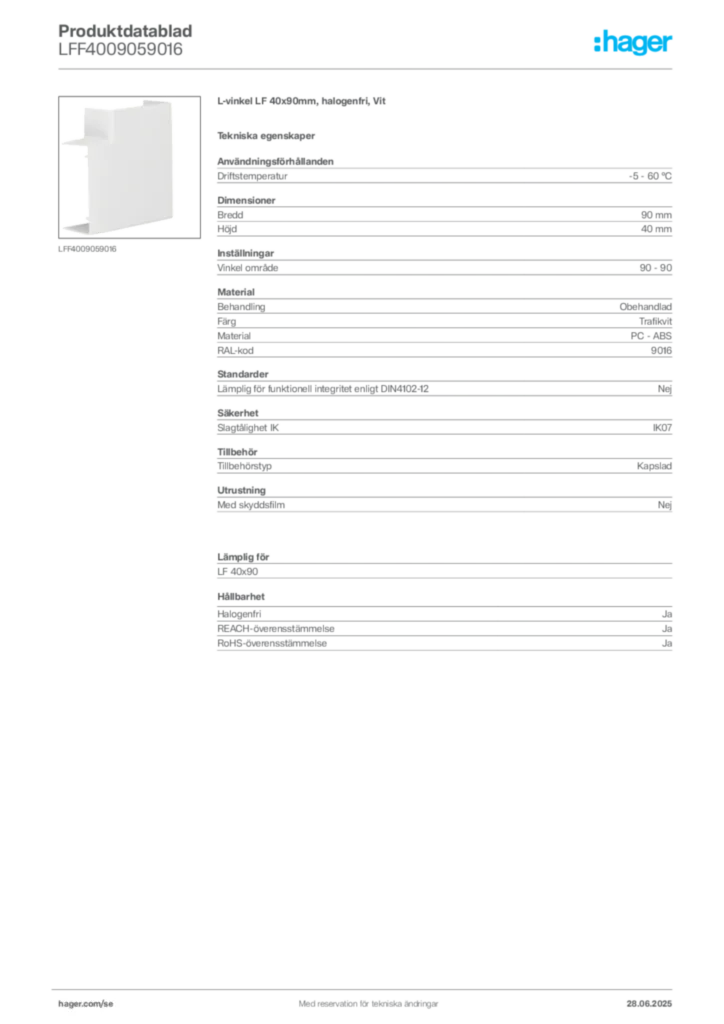 Bild Hager Produktdatablad LFF4009059016 | Hager Sverige