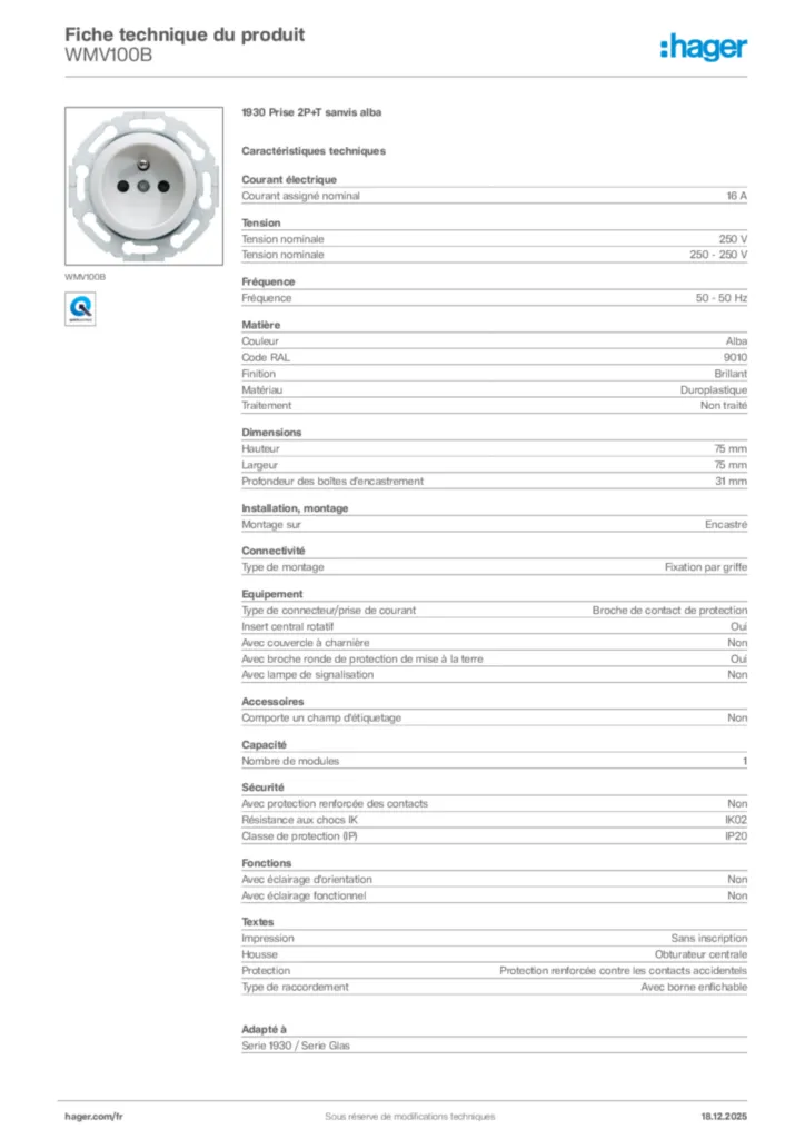 Image Hager Fiche technique du produit WMV100B | Hager France