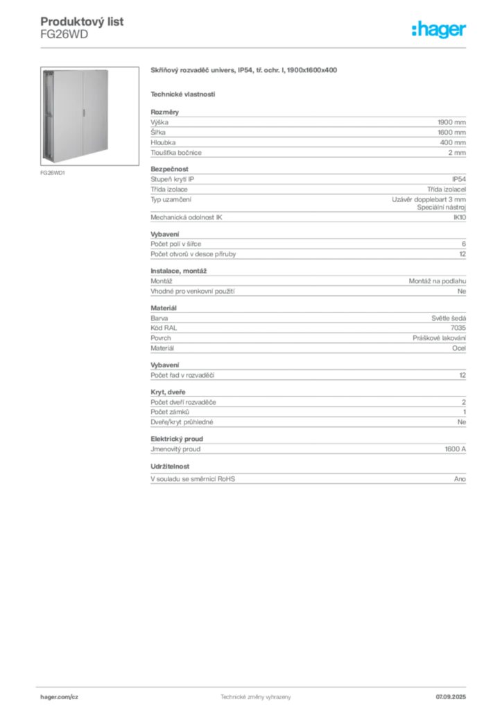 Obrázek Hager Produktový list FG26WD | Hager