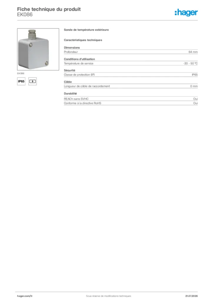 Image Hager Fiche technique du produit EK086 | Hager France