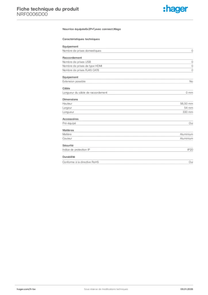 Image Hager Fiche technique du produit NRF0006D00 | Hager Belgique