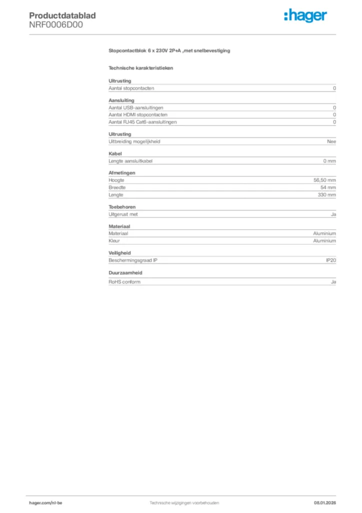 Afbeelding Hager Productdatablad NRF0006D00 | Hager Belgium