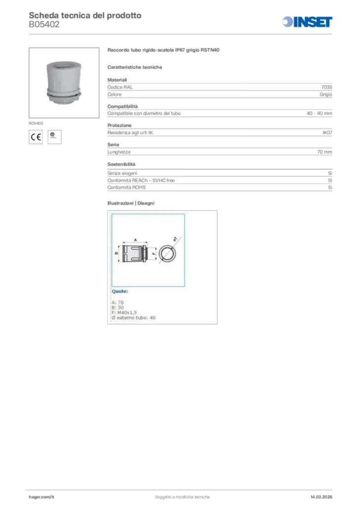 Immagine Inset Scheda tecnica del prodotto B05402 | Hager Italia