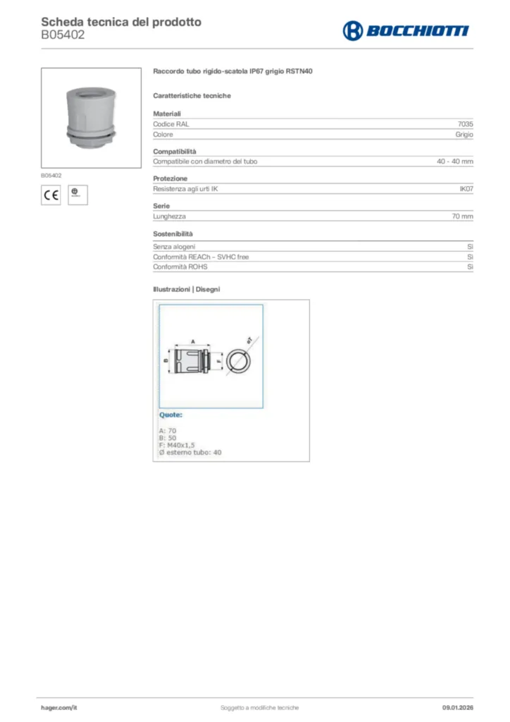 Immagine Bocchiotti Scheda tecnica del prodotto B05402 | Hager Italia