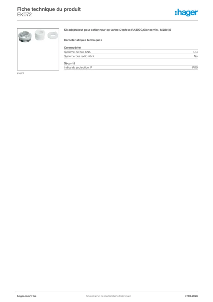 Image Hager Fiche technique du produit EK072 | Hager Belgique