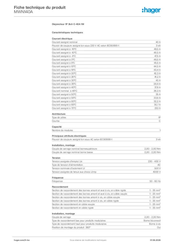 Image Hager Fiche technique du produit MWN140A | Hager Belgique