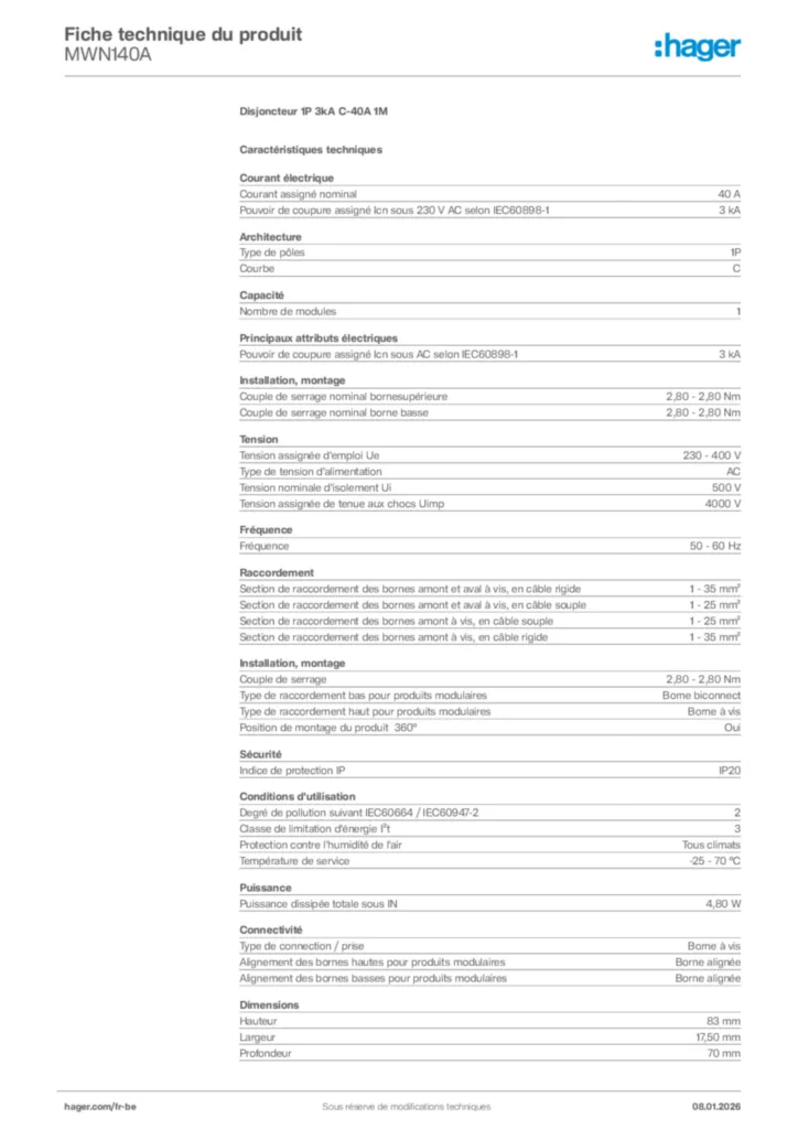 Image Hager Fiche technique du produit MWN140A | Hager Belgique