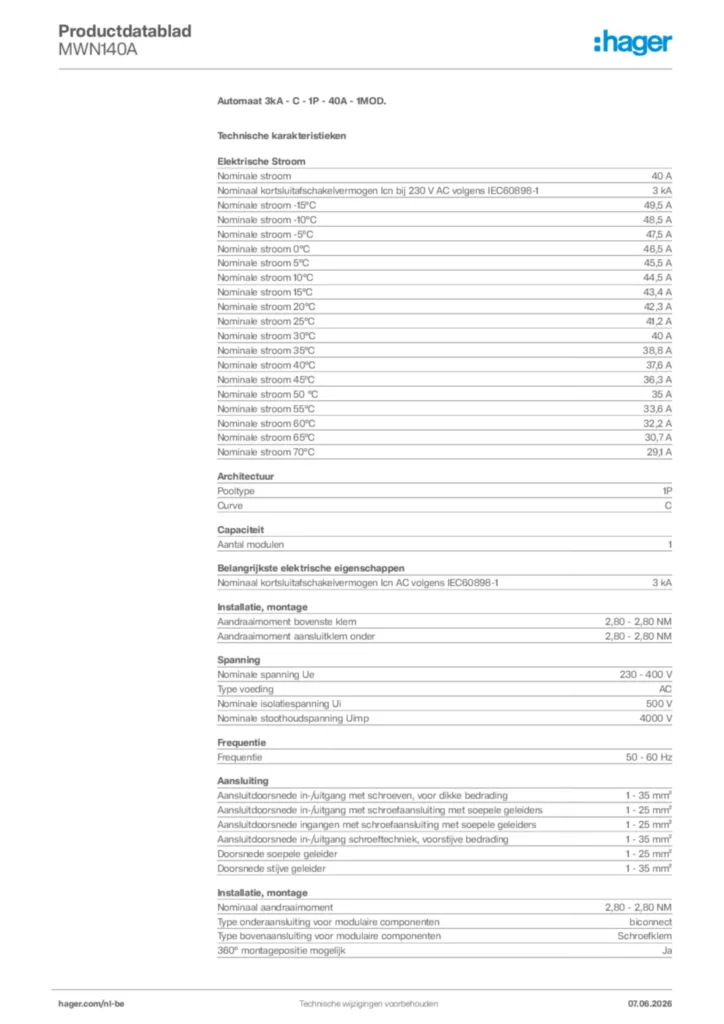 Afbeelding Hager Productdatablad MWN140A | Hager Belgium