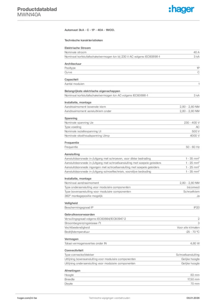 Afbeelding Hager Productdatablad MWN140A | Hager Belgium