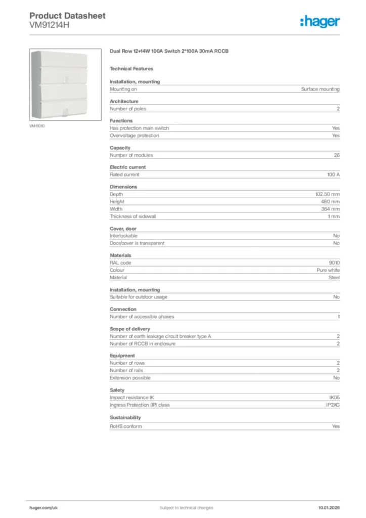 Image Hager Product data sheet VM91214H  | Hager
