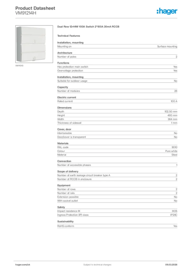 Image Hager Product data sheet VM91214H  | Hager