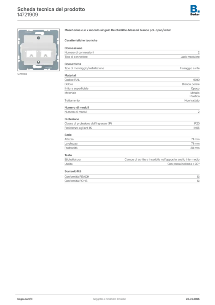 Immagine Berker Scheda tecnica del prodotto 14721909 | Hager Italia