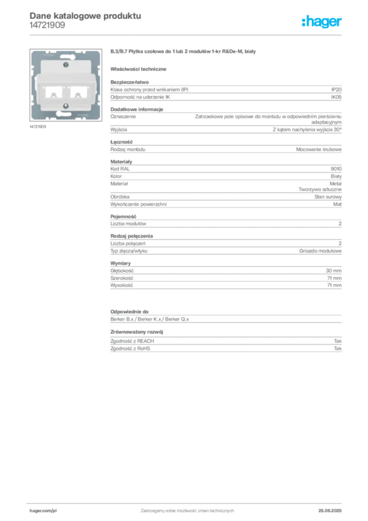 Zdjęcie Hager Karta katalogowa 14721909 | Hager Polska