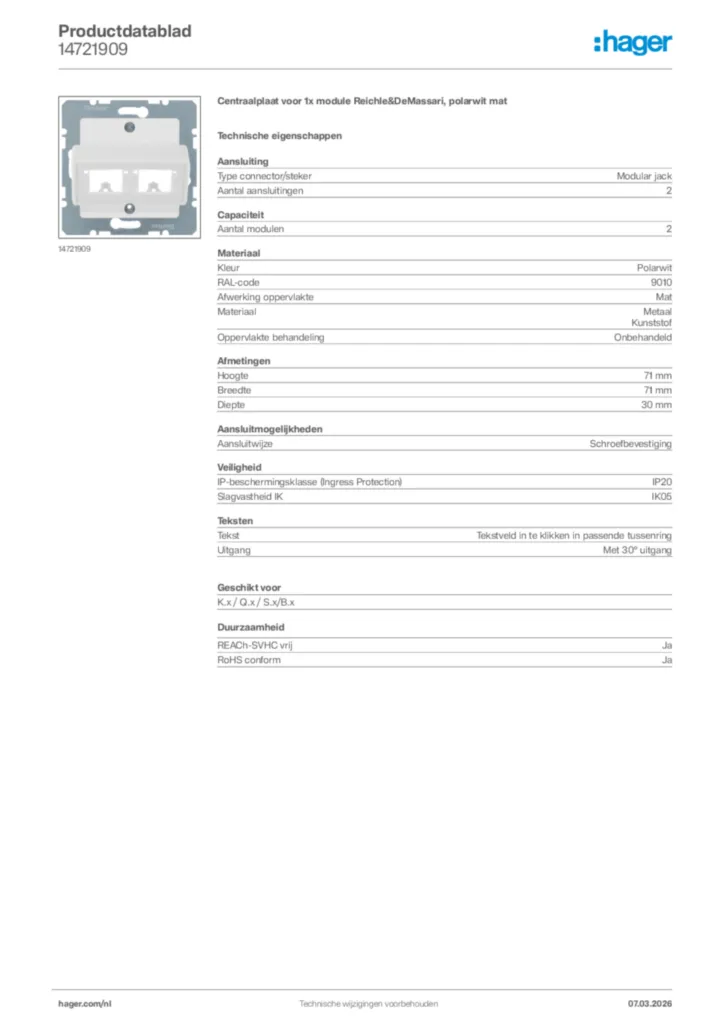 Afbeelding Hager Productdatablad 14721909 | Hager Nederland