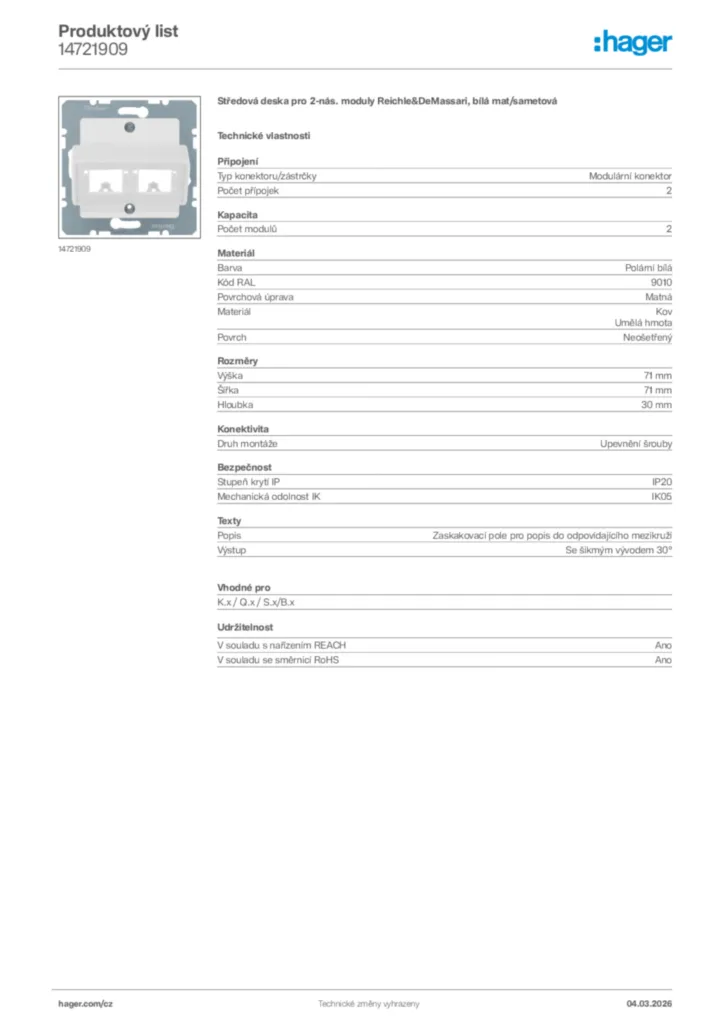 Obrázek Hager Product data sheet 14721909 | Hager