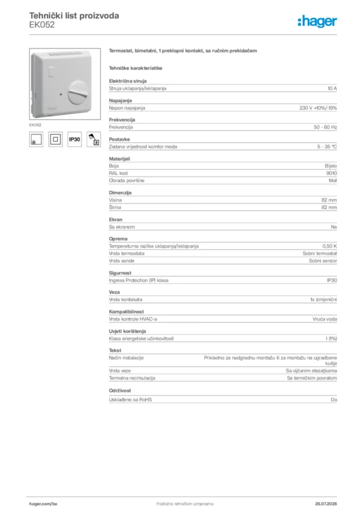 Slika Hager Tehnički list proizvoda EK052  | Hager