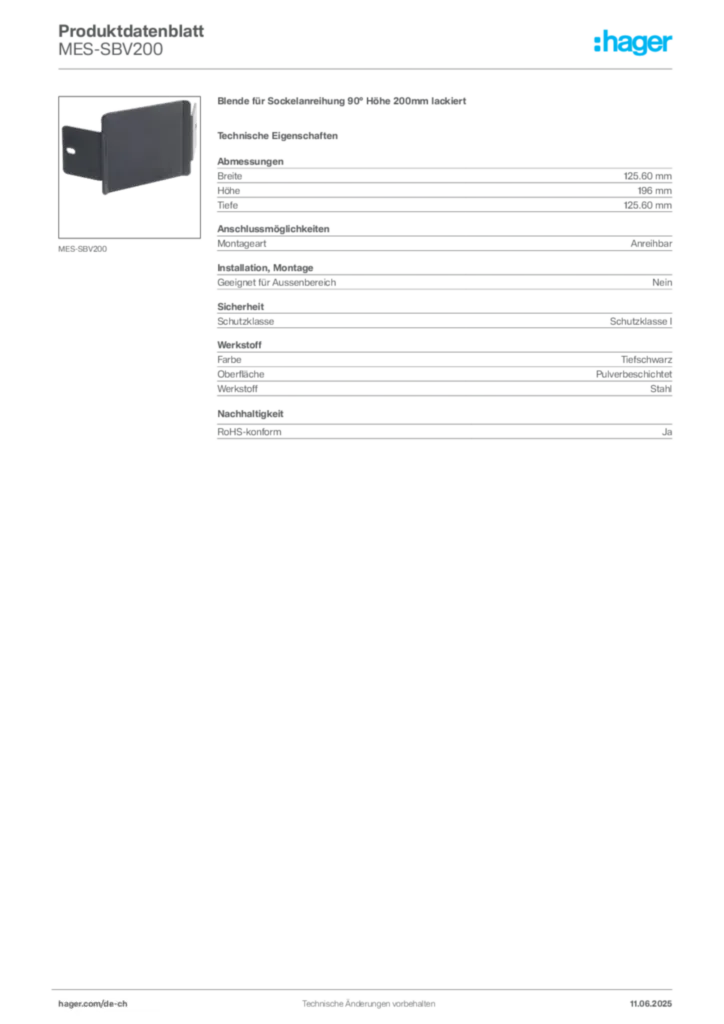 Bild Hager Produktdatenblatt MES-SBV200 | Hager Schweiz