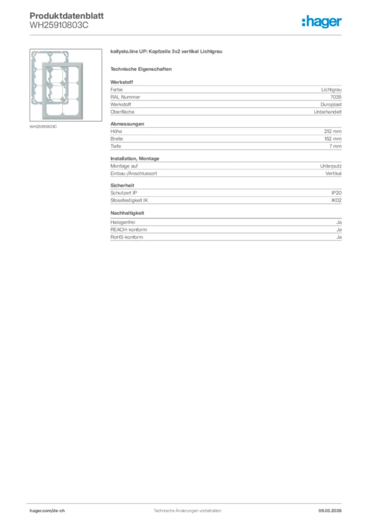 Bild Hager Produktdatenblatt WH25910803C | Hager Schweiz