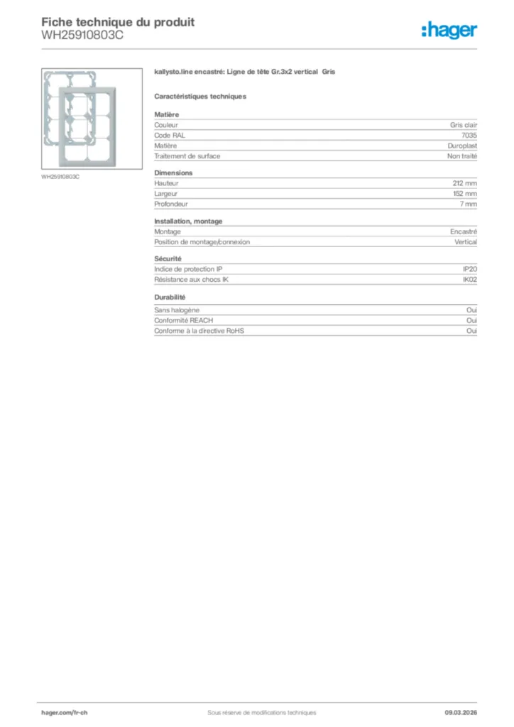 Image Hager Fiche technique du produit WH25910803C | Hager Suisse