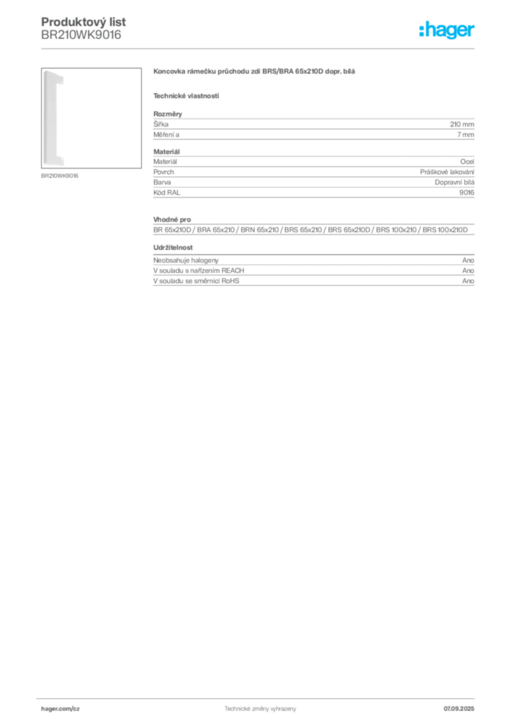 Obrázek Hager Produktový list BR210WK9016 | Hager
