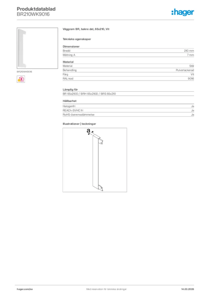 Bild Hager Produktdatablad BR210WK9016 | Hager Sverige