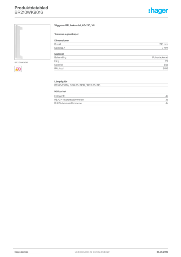 Bild Hager Produktdatablad BR210WK9016 | Hager Sverige
