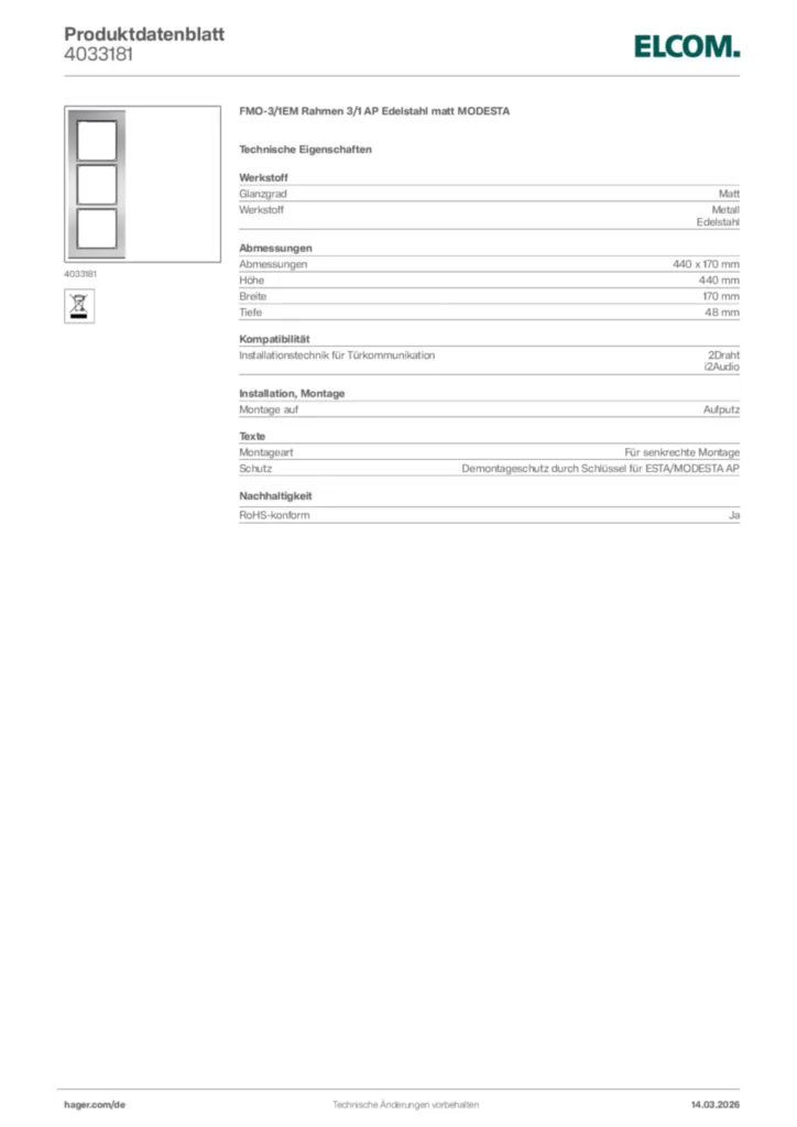 Bild Elcom Produktdatenblatt 4033181 | Hager Deutschland