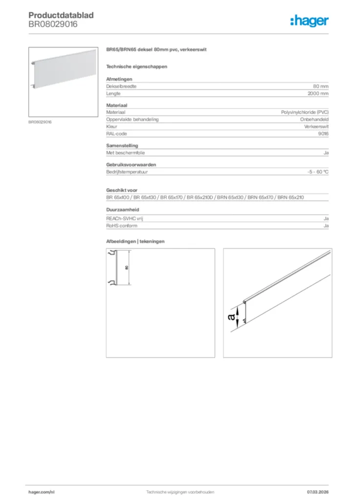 Afbeelding Hager Productdatablad BR08029016 | Hager Nederland