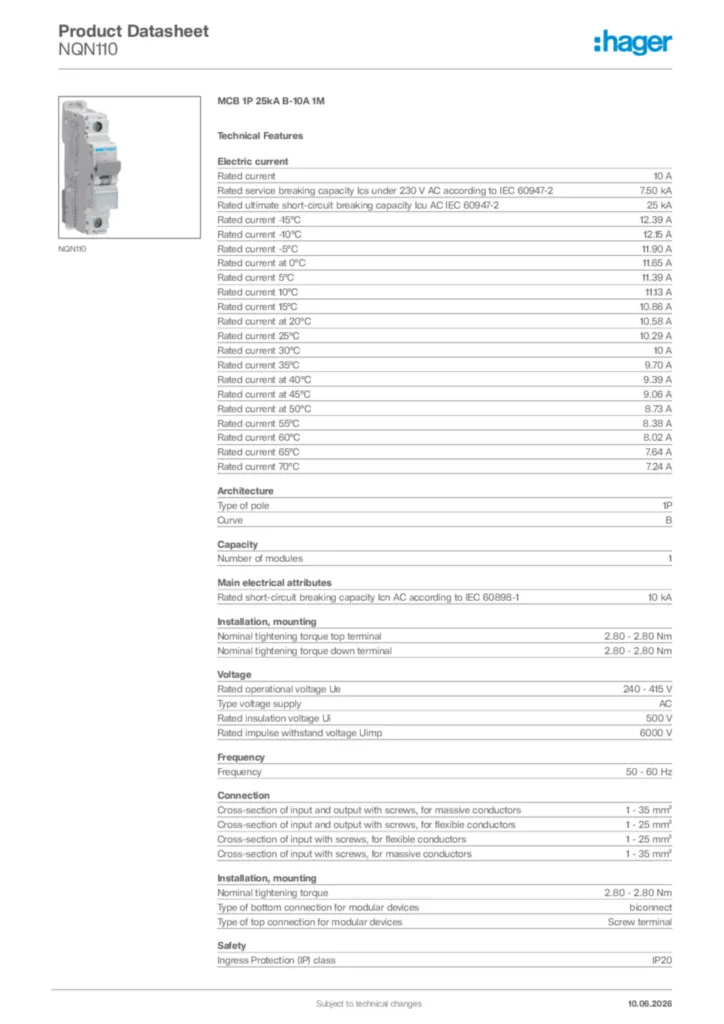 Image Hager Product data sheet NQN110  | Hager Africa