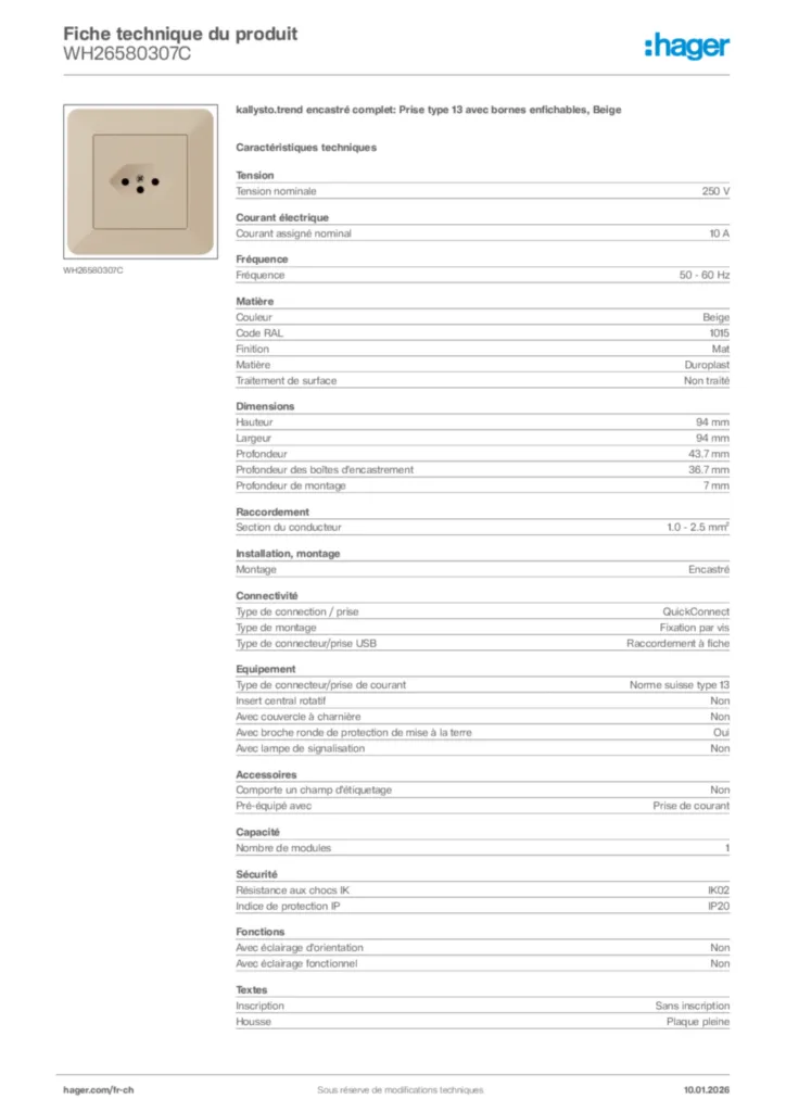 Image Hager Fiche technique du produit WH26580307C | Hager Suisse