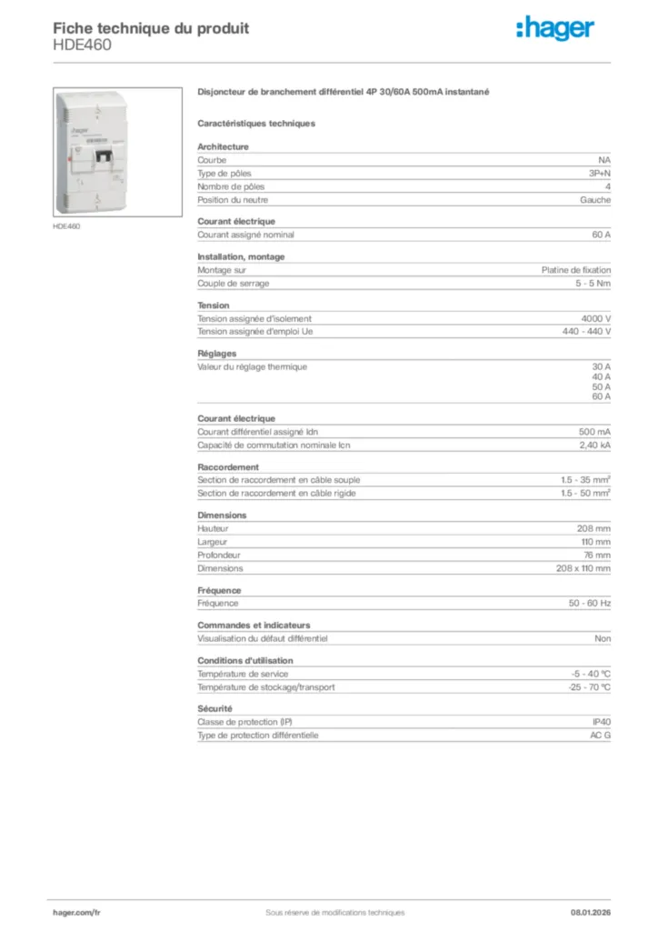 Image Hager Fiche technique du produit HDE460 | Hager France