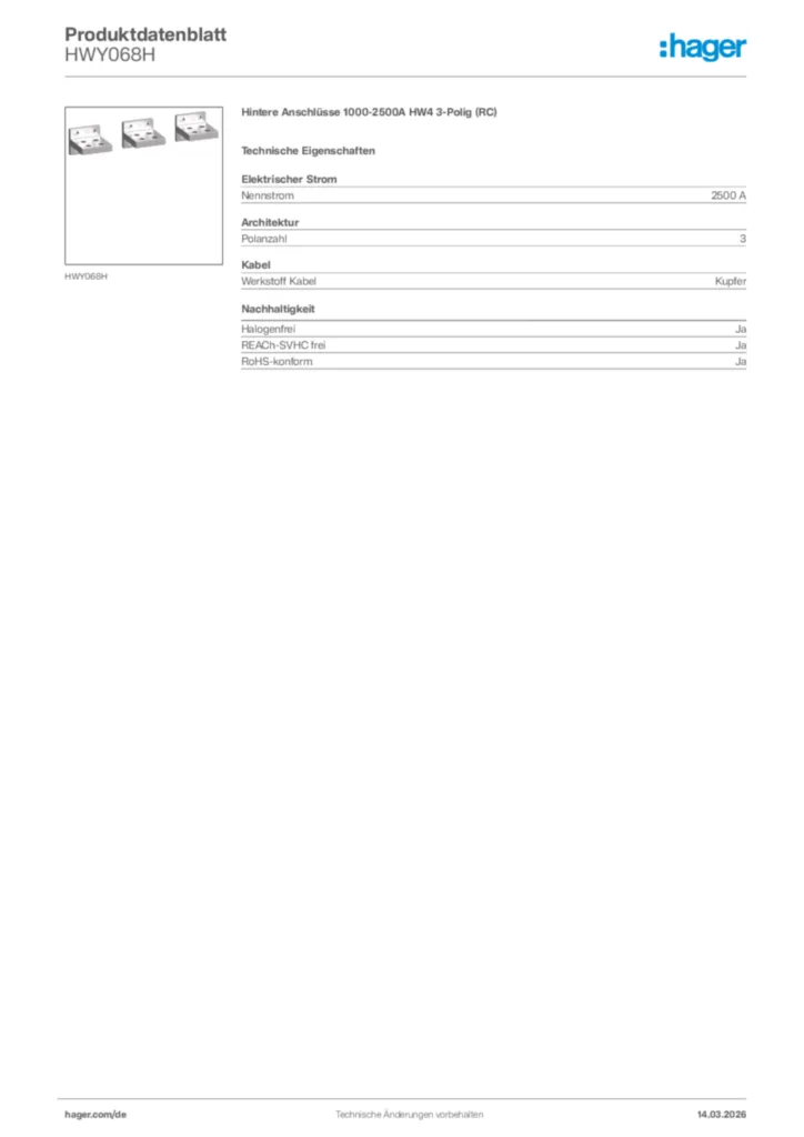 Bild Hager Produktdatenblatt HWY068H | Hager Deutschland