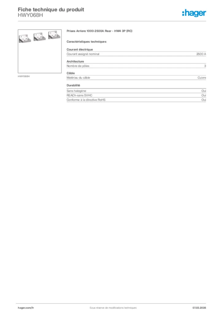 Image Hager Fiche technique du produit HWY068H | Hager France