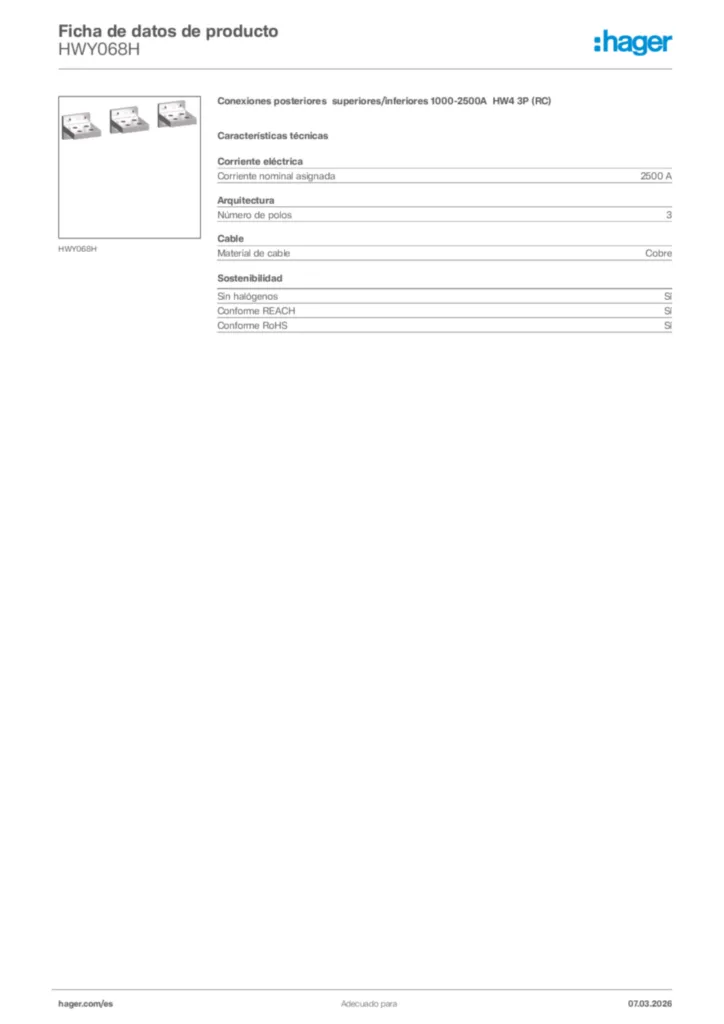 Imagen Hager Ficha de datos de producto HWY068H | Hager España