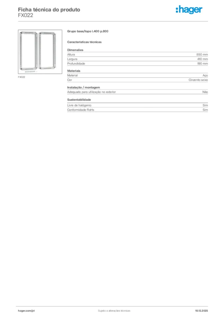Imagem Hager Ficha técnica do produto FX022 | Hager Portugal