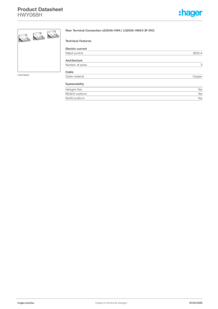 Image Hager Product data sheet HWY068H  | Hager Australia