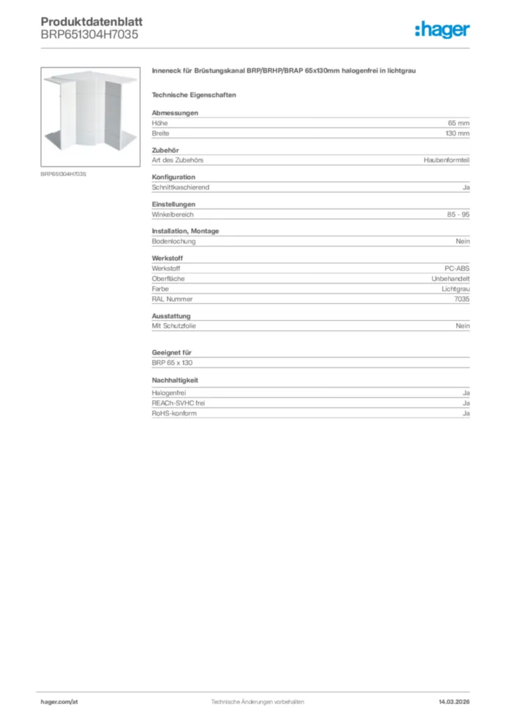 Bild Hager Produktdatenblatt BRP651304H7035 | Hager Deutschland