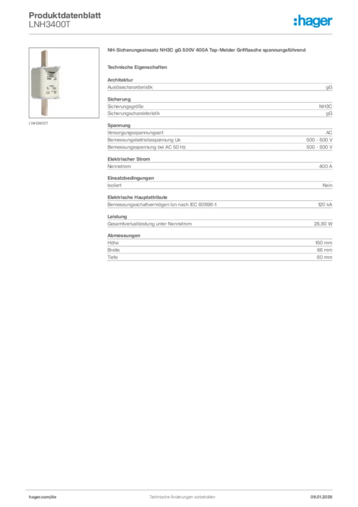 Bild Hager Produktdatenblatt LNH3400T | Hager Deutschland