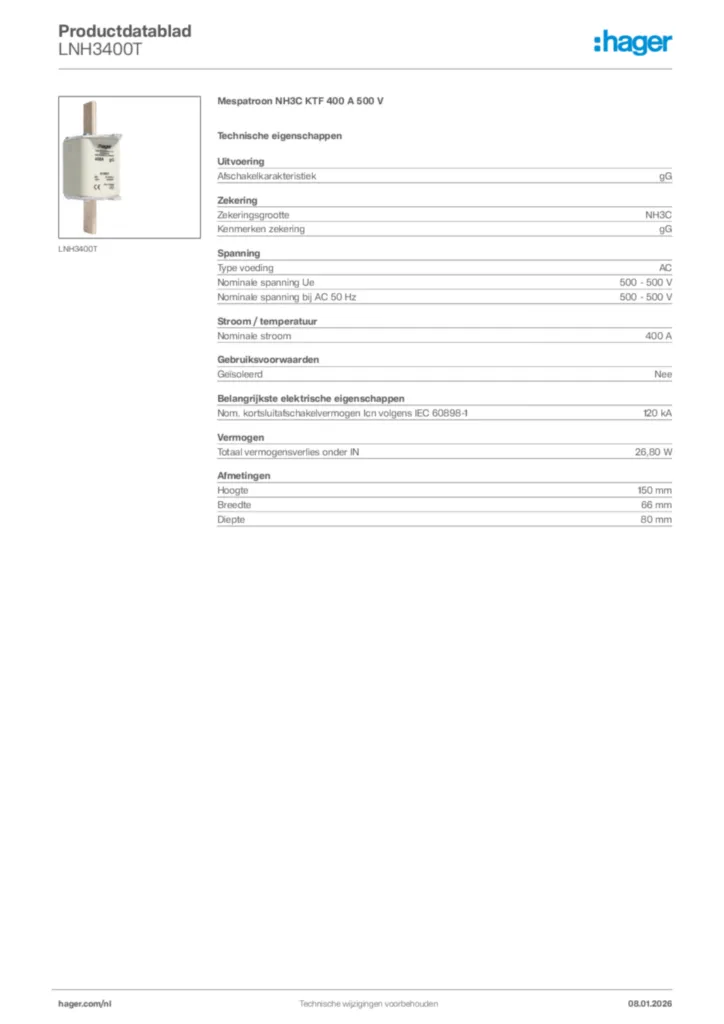 Afbeelding Hager Productdatablad LNH3400T | Hager Nederland