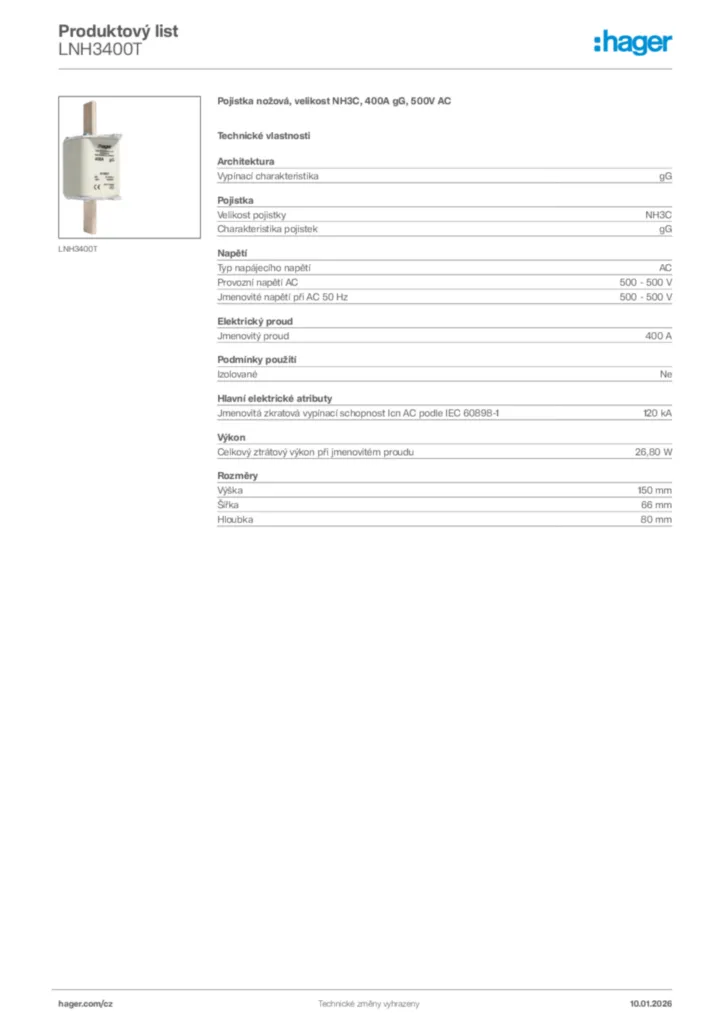 Obrázek Hager Product data sheet LNH3400T | Hager