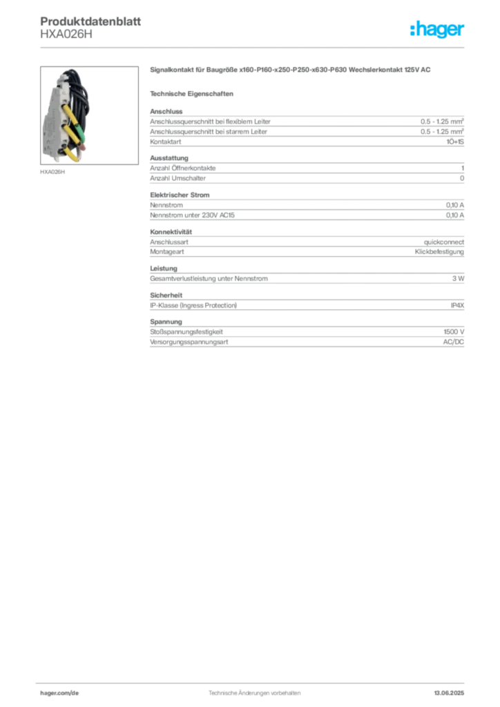 Hager Produktdatenblatt HXA026H