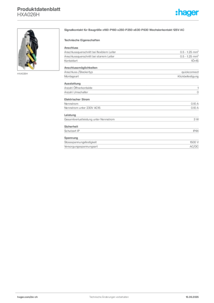 Bild Hager Produktdatenblatt HXA026H | Hager Schweiz