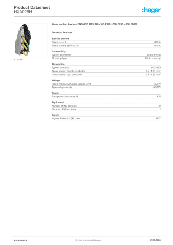 Image Hager Product data sheet HXA026H  | Hager