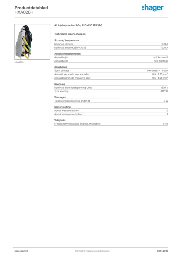 Afbeelding Hager Productdatablad HXA026H | Hager Nederland