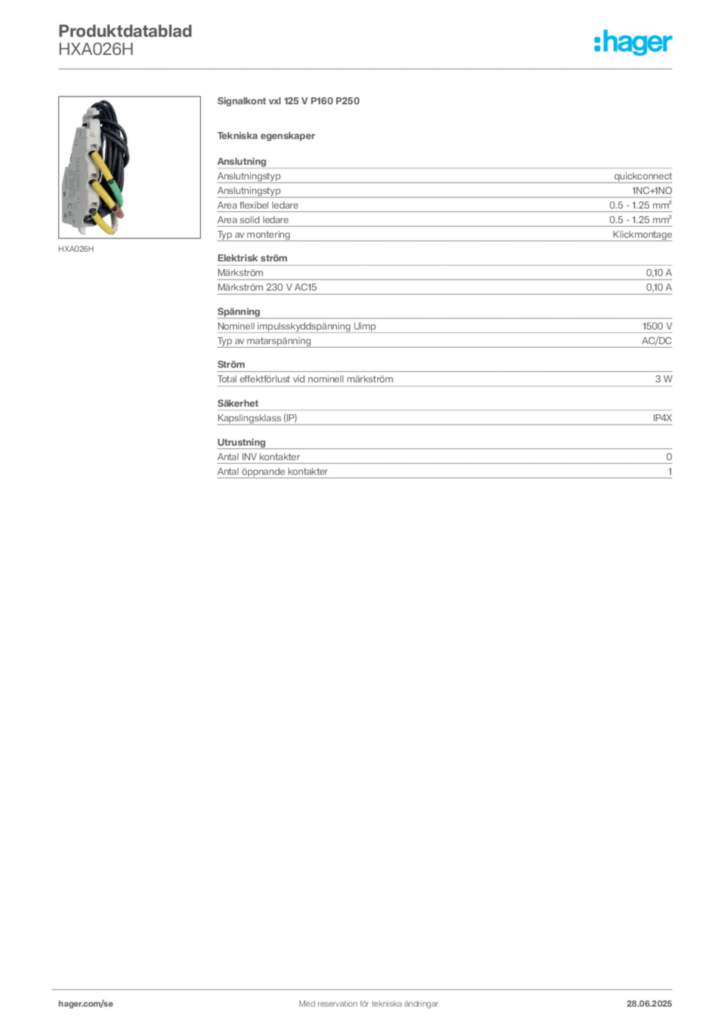 Bild Hager Produktdatablad HXA026H | Hager Sverige