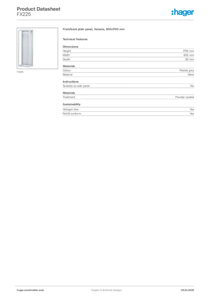 Image Hager Product data sheet FX225  | Hager